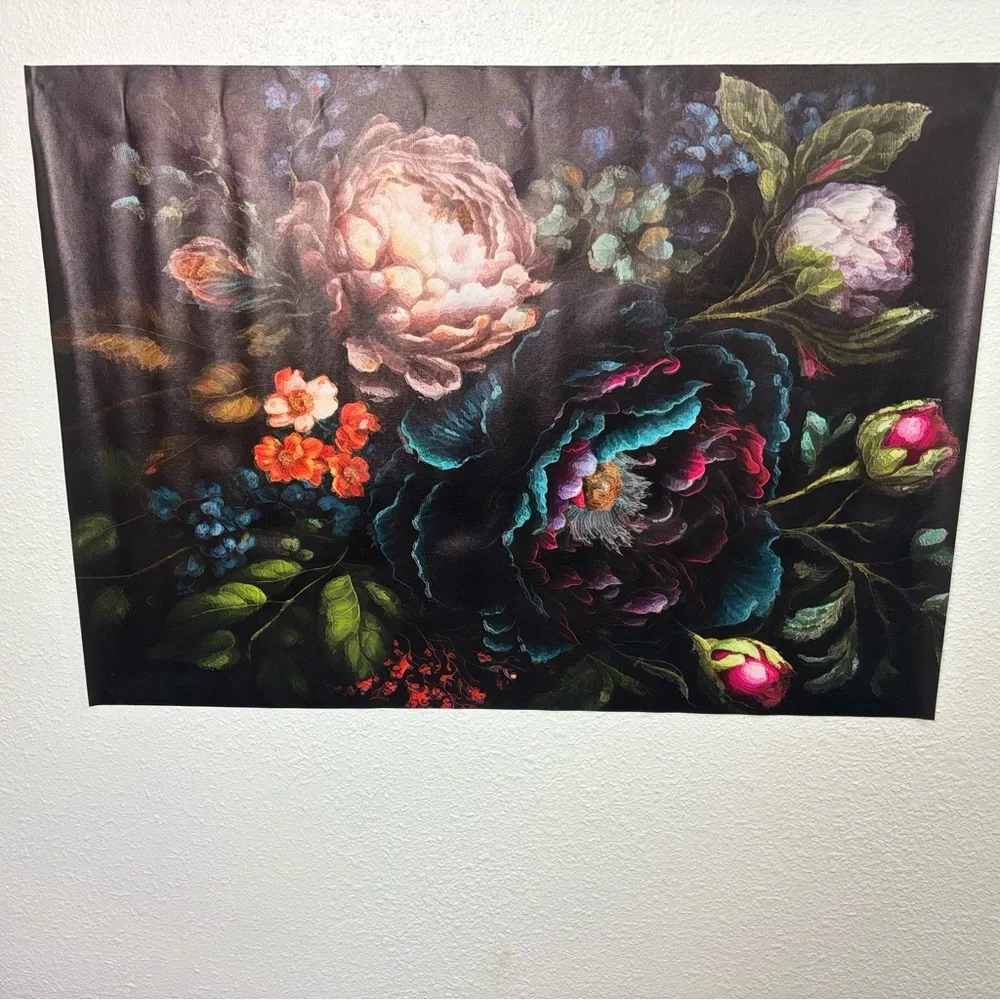 Source Unknown Dark Floral Tapestry with Pink and Green